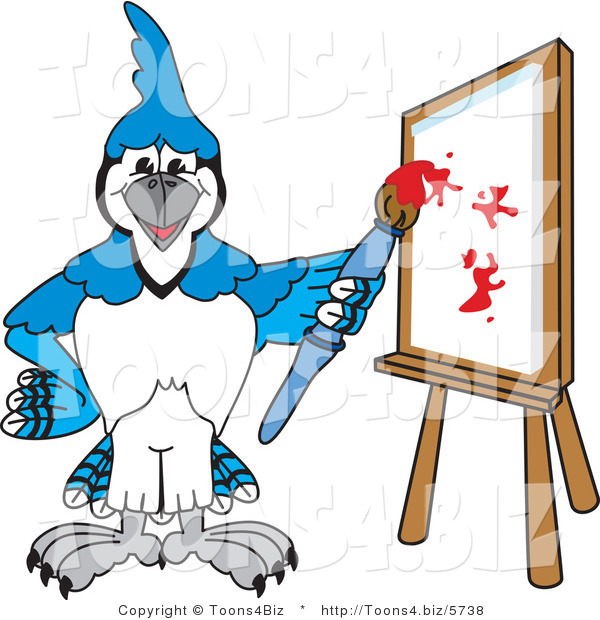 Vector Illustration of a Cartoon Blue Jay Mascot Painting a Canvas
