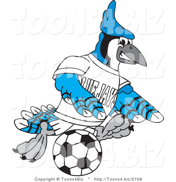 Vector Illustration of a Cartoon Blue Jay Mascot Playing Soccer