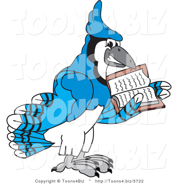 Vector Illustration of a Cartoon Blue Jay Mascot Reading