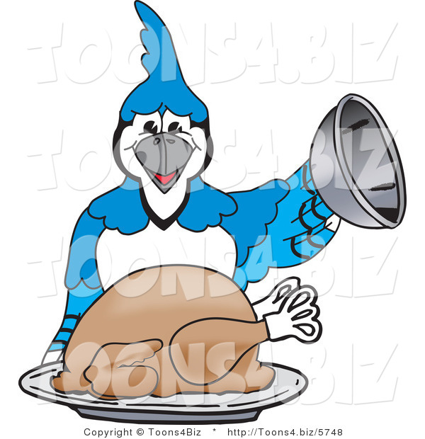 Vector Illustration of a Cartoon Blue Jay Mascot Serving a Thanksgiving Turkey