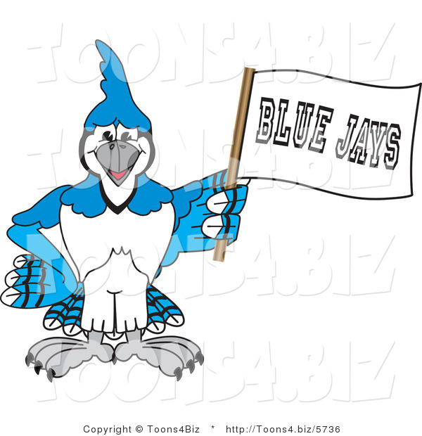 Vector Illustration of a Cartoon Blue Jay Mascot Waving a Banner