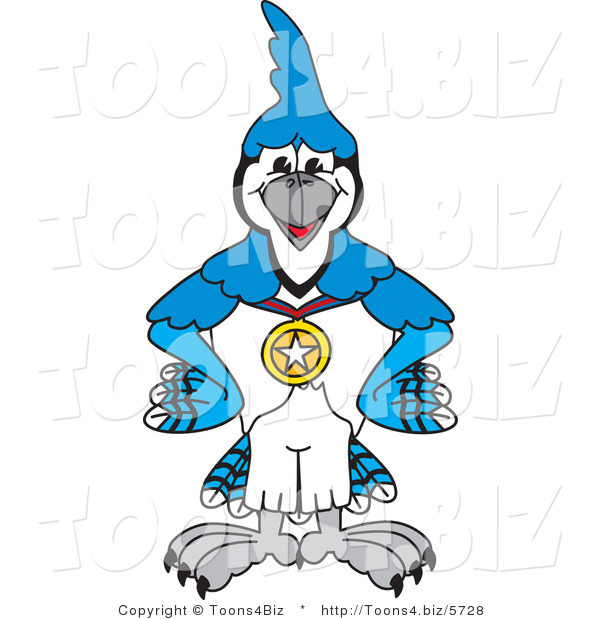 Vector Illustration of a Cartoon Blue Jay Mascot Wearing a Medal