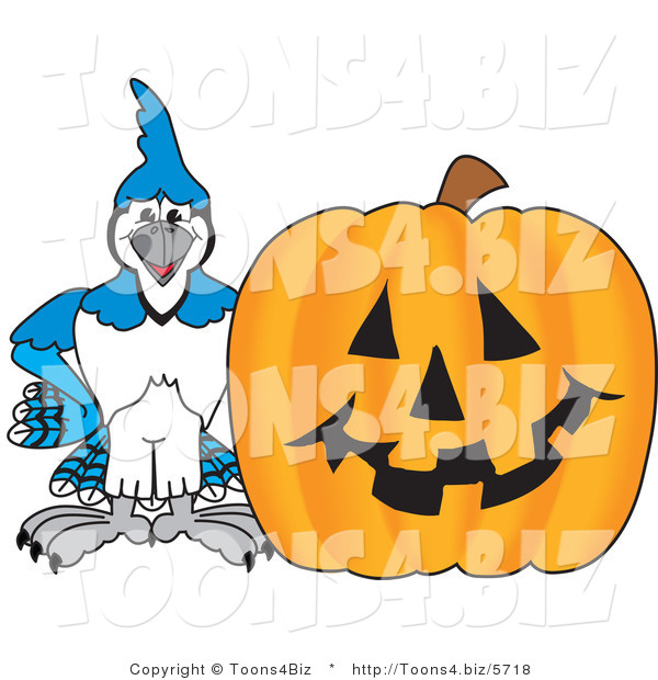 Vector Illustration of a Cartoon Blue Jay Mascot with a Halloween Pumpkin