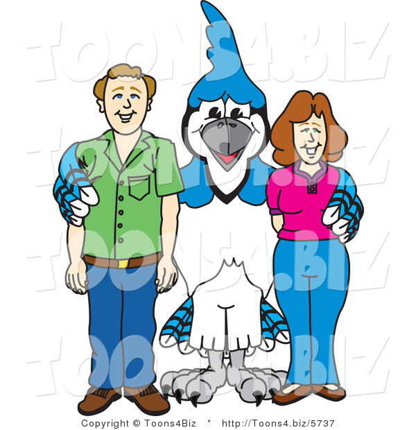 Vector Illustration of a Cartoon Blue Jay Mascot with Teachers or Parents