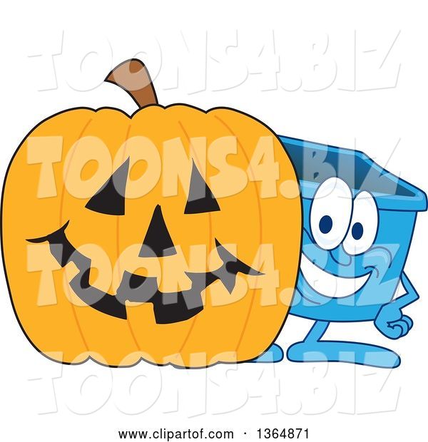 Vector Illustration of a Cartoon Blue Recycle Bin Mascot by a Halloween Jackolantern Pumpkin