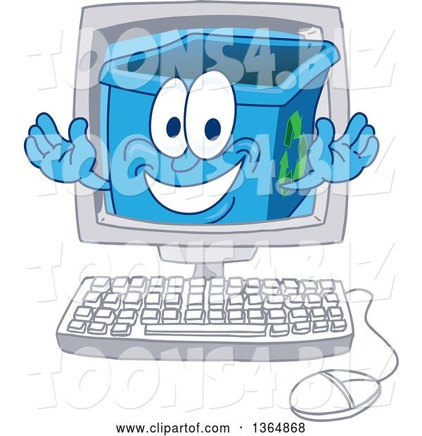 Vector Illustration of a Cartoon Blue Recycle Bin Mascot Emerging from a Desktop Computer Screen