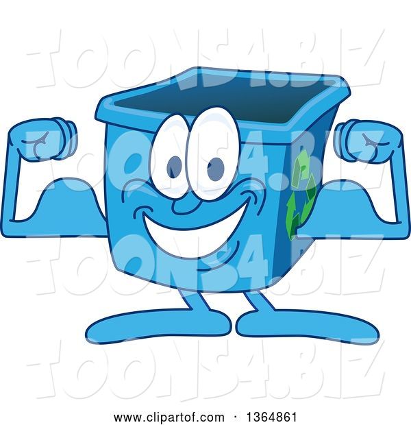 Vector Illustration of a Cartoon Blue Recycle Bin Mascot Flexing