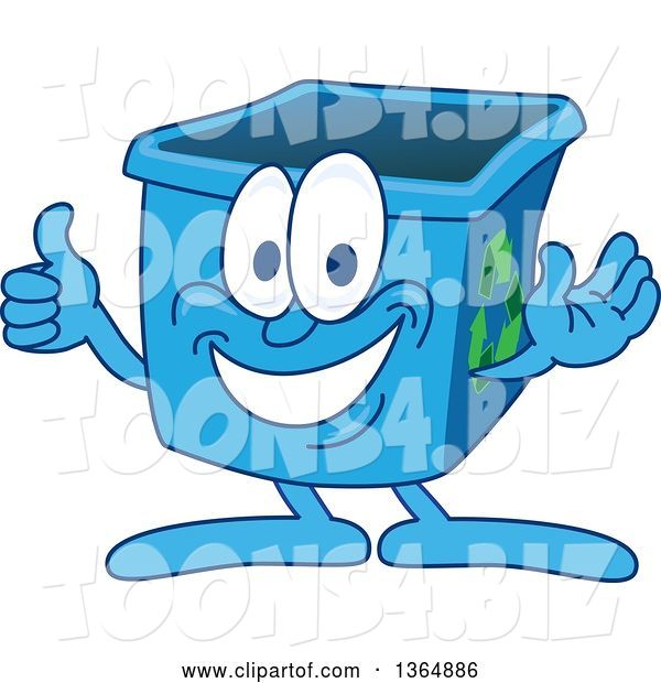 Vector Illustration of a Cartoon Blue Recycle Bin Mascot Giving a Thumb up