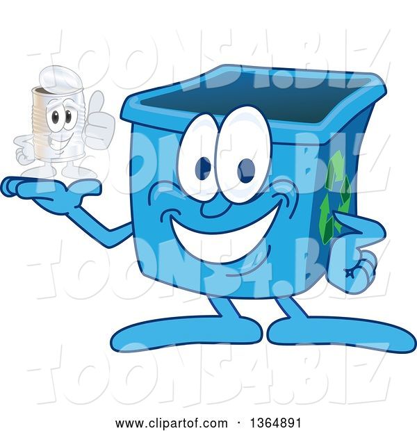 Vector Illustration of a Cartoon Blue Recycle Bin Mascot Holding a Tin Can