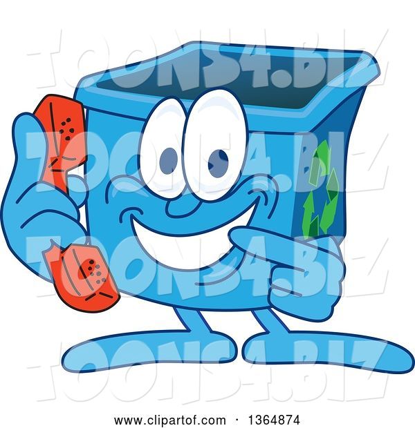 Vector Illustration of a Cartoon Blue Recycle Bin Mascot Holding and Pointing to a Telephone