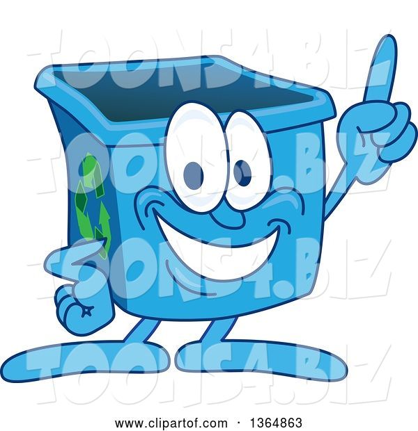 Vector Illustration of a Cartoon Blue Recycle Bin Mascot Holding up a Finger