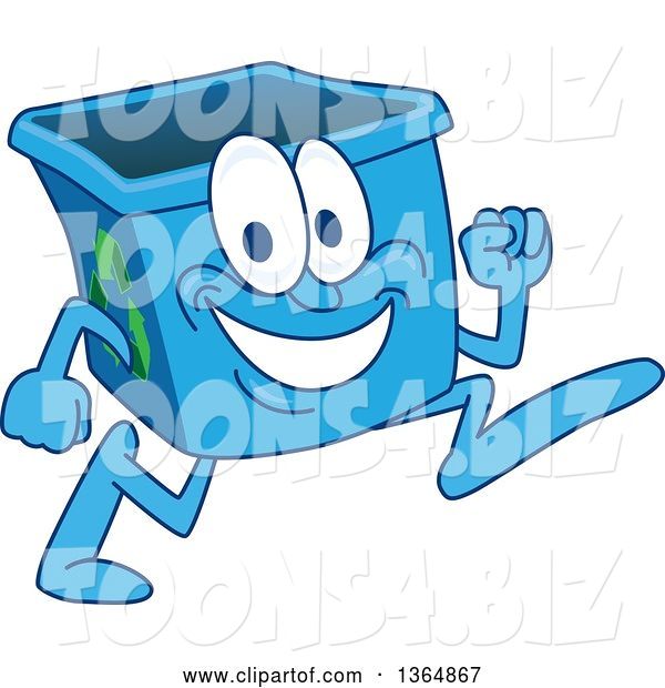 Vector Illustration of a Cartoon Blue Recycle Bin Mascot Running