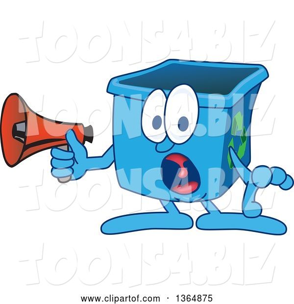 Vector Illustration of a Cartoon Blue Recycle Bin Mascot Screaming into a Megaphone