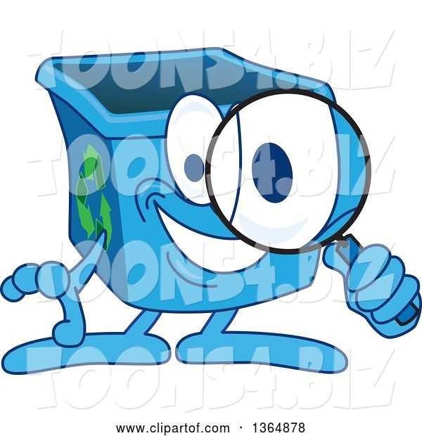 Vector Illustration of a Cartoon Blue Recycle Bin Mascot Searching with a Magnifying Glass
