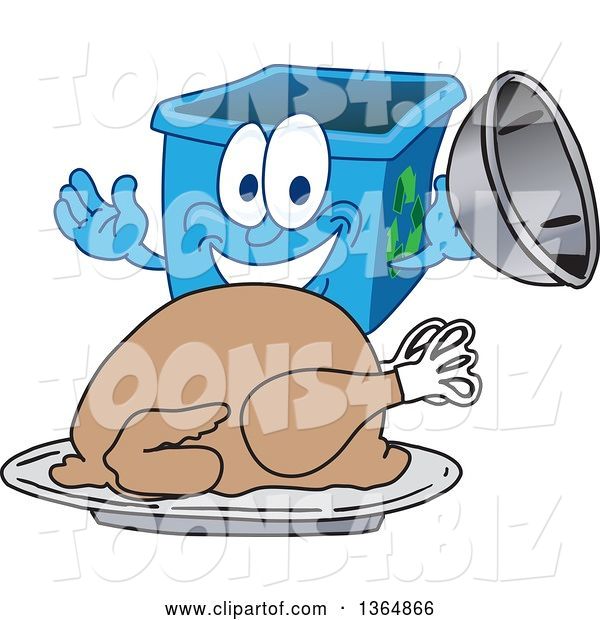 Vector Illustration of a Cartoon Blue Recycle Bin Mascot Serving a Roasted Thanksgiving Turkey