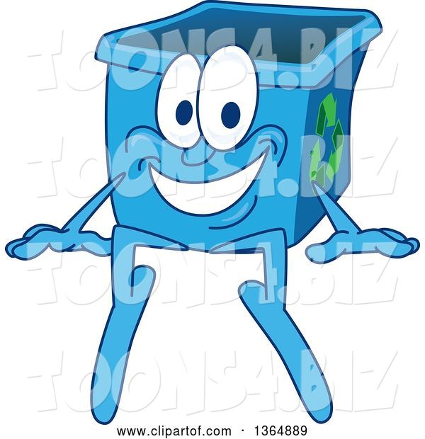 Vector Illustration of a Cartoon Blue Recycle Bin Mascot Sitting