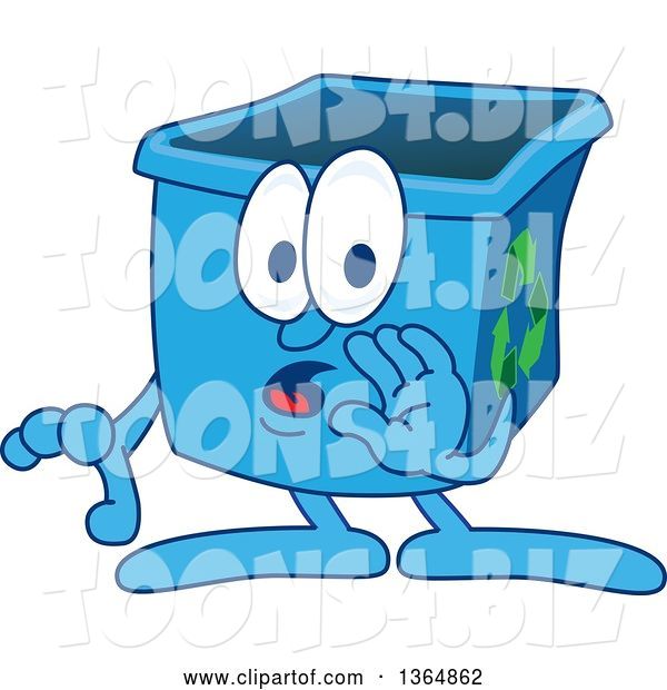 Vector Illustration of a Cartoon Blue Recycle Bin Mascot Whispering