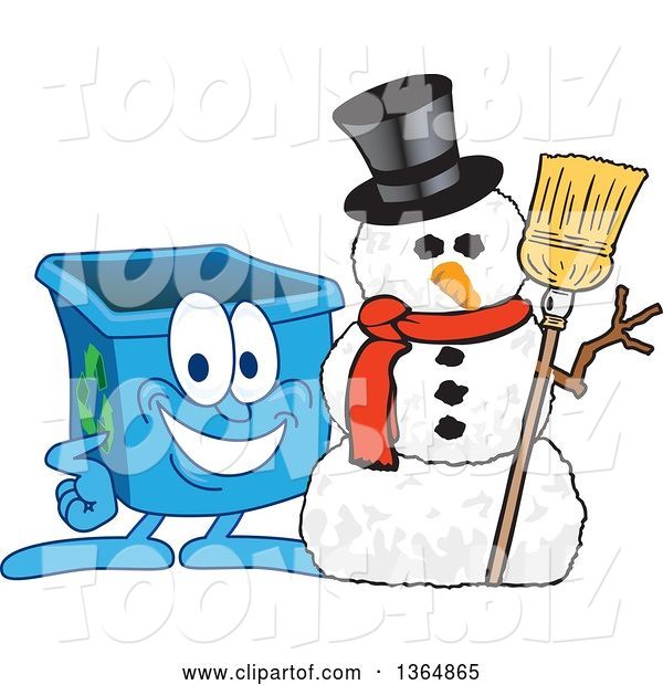 Vector Illustration of a Cartoon Blue Recycle Bin Mascot with a Christmas Snowman