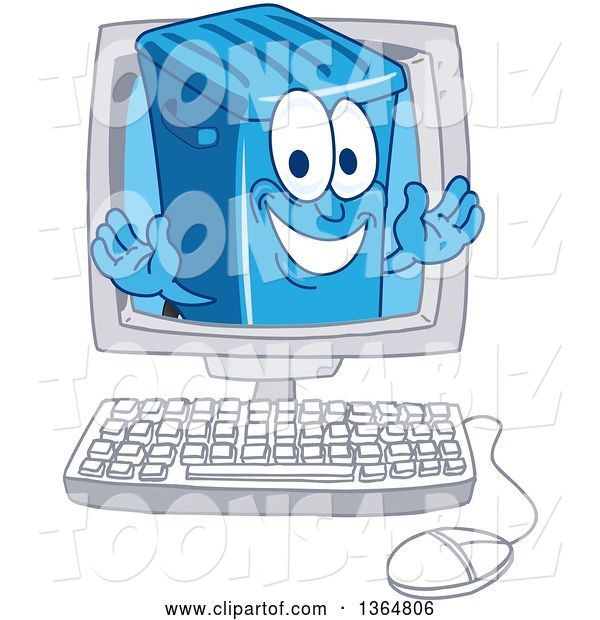 Vector Illustration of a Cartoon Blue Rolling Trash Can Bin Mascot Emerging from a Computer Screen