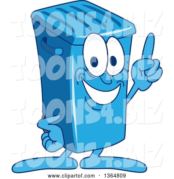 Vector Illustration of a Cartoon Blue Rolling Trash Can Bin Mascot Holding up a Finger