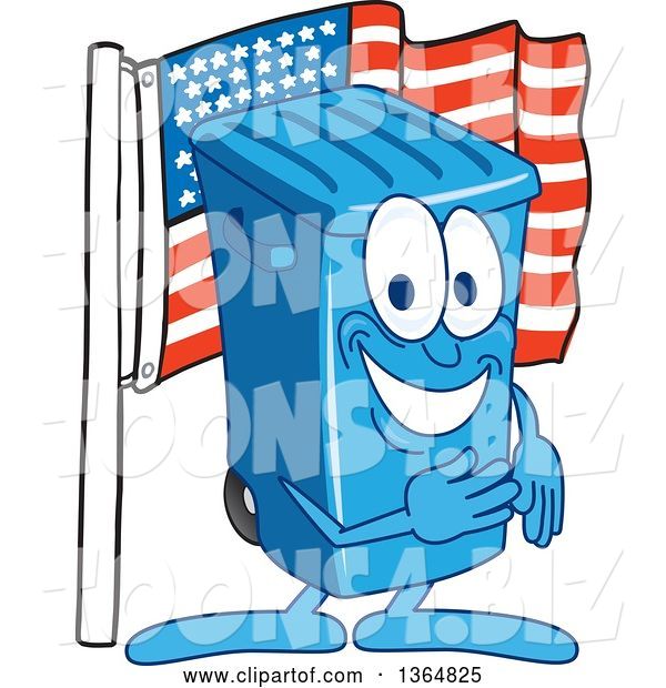 Vector Illustration of a Cartoon Blue Rolling Trash Can Bin Mascot Pledging Allegiance to the American Flag