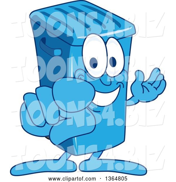 Vector Illustration of a Cartoon Blue Rolling Trash Can Bin Mascot Presenting and Pointing Outwards
