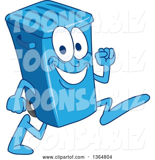 Vector Illustration of a Cartoon Blue Rolling Trash Can Bin Mascot Running