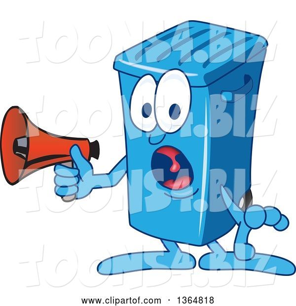 Vector Illustration of a Cartoon Blue Rolling Trash Can Bin Mascot Shouting into a Megaphone