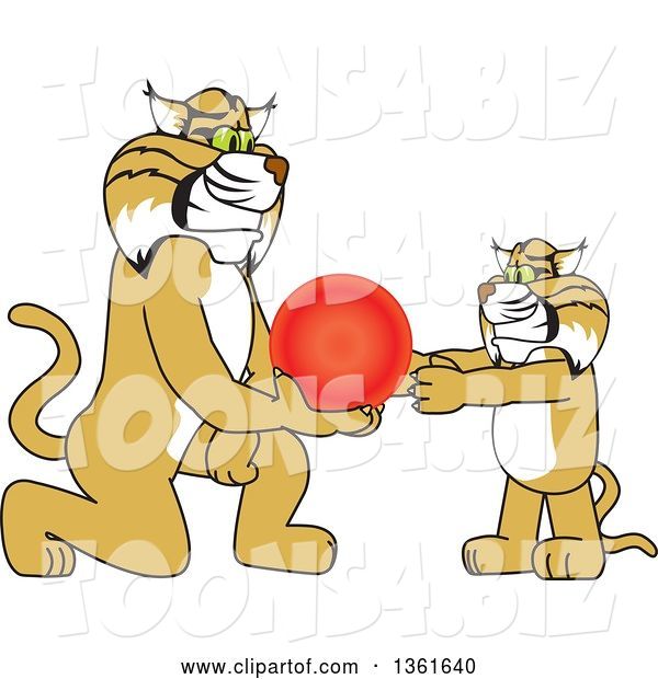 Vector Illustration of a Cartoon Bobcat Mascot Giving a Ball to a Cub, Symbolizing Compassion