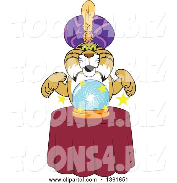 Vector Illustration of a Cartoon Bobcat Mascot Gypsy Looking into a Crystal Ball, Symbolizing Being Proactive