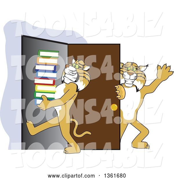 Vector Illustration of a Cartoon Bobcat Mascot Holding a Door for Another Carrying Books, Symbolizing Compassion