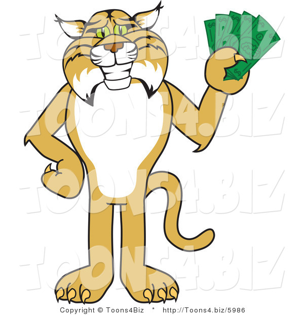Vector Illustration of a Cartoon Bobcat Mascot Holding Cash