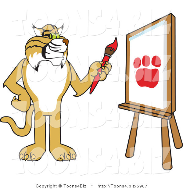 Vector Illustration of a Cartoon Bobcat Mascot Painting a Paw Print