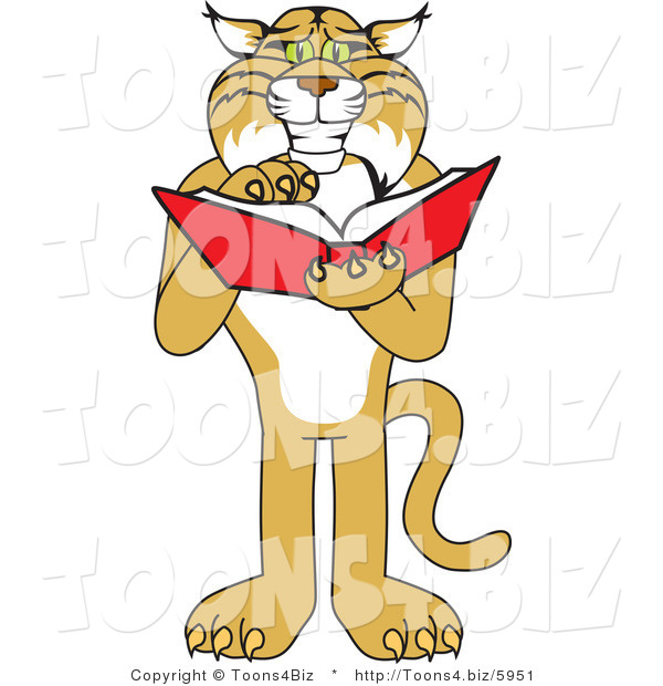 Vector Illustration of a Cartoon Bobcat Mascot Reading