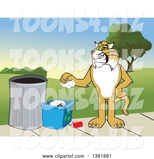 Vector Illustration of a Cartoon Bobcat Mascot Recycling, Symbolizing Integrity, Against a Park Landscape