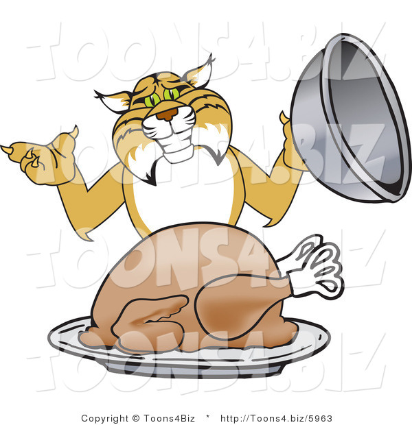Vector Illustration of a Cartoon Bobcat Mascot Serving a Turkey
