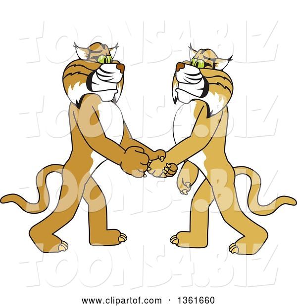Vector Illustration of a Cartoon Bobcat Mascot Shaking Hands with a Friend, Symbolizing Gratitude