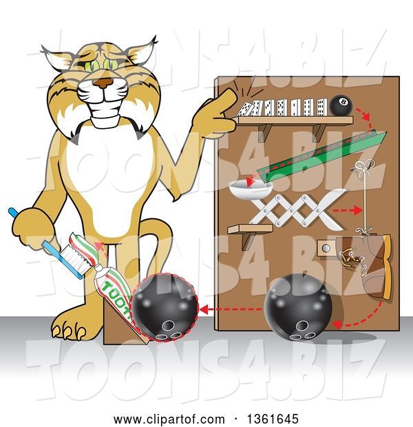 Vector Illustration of a Cartoon Bobcat Mascot Showing a Toothpaste Dispenser Invention, Symbolizing Being Resourceful