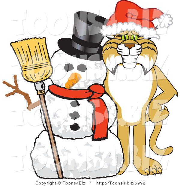 Vector Illustration of a Cartoon Bobcat Mascot with a Snowman