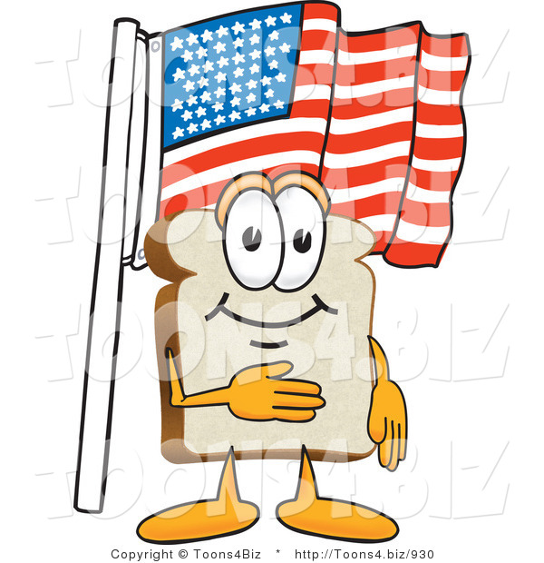 Vector Illustration of a Cartoon Bread Mascot Pledging Allegiance to the American Flag