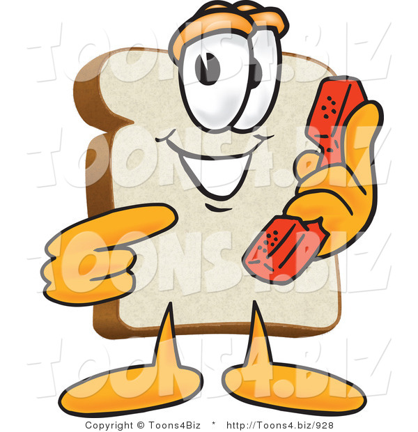 Vector Illustration of a Cartoon Bread Mascot Pointing to a Red Telephone Receiver