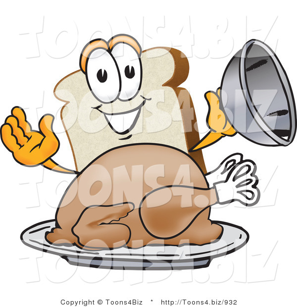 Vector Illustration of a Cartoon Bread Mascot Serving a Cooked Turkey on a Platter