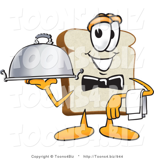 Vector Illustration of a Cartoon Bread Mascot Serving a Dinner Platter While Waiting Tables