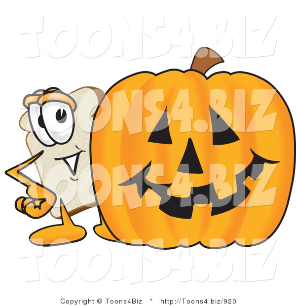 Vector Illustration of a Cartoon Bread Mascot Standing Behind a Halloween Pumpkin