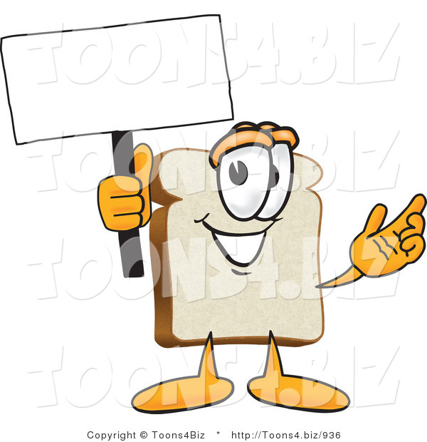 Vector Illustration of a Cartoon Bread Mascot Waving a Blank White Advertising Sign