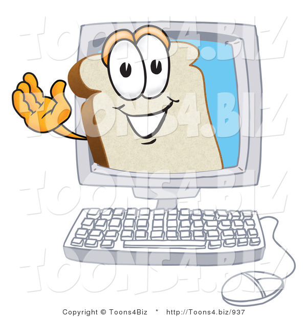 Vector Illustration of a Cartoon Bread Mascot Waving from Inside a Computer Screen