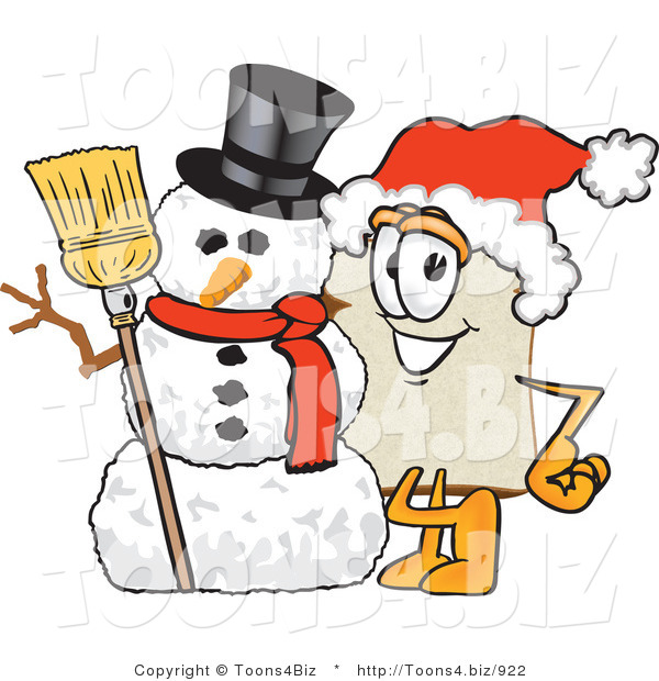 Vector Illustration of a Cartoon Bread Mascot Wearing a Santa Hat and Standing with Frosty the Snowman on Christmas
