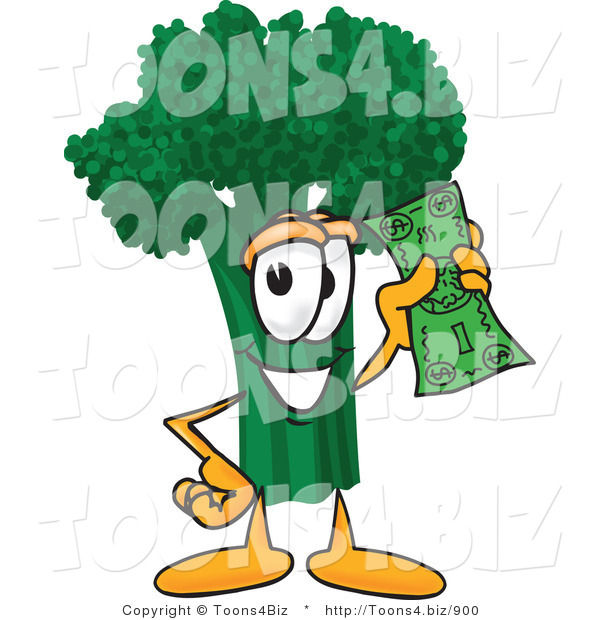 Vector Illustration of a Cartoon Broccoli Mascot Holding a Banknote
