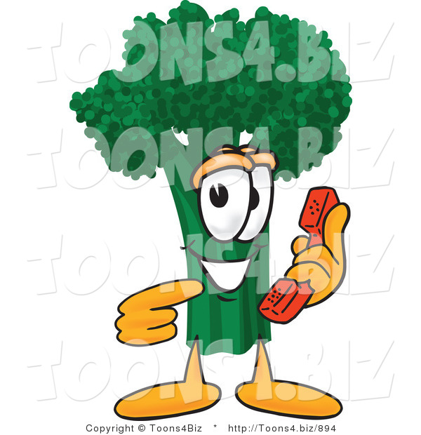 Vector Illustration of a Cartoon Broccoli Mascot Holding a Telephone