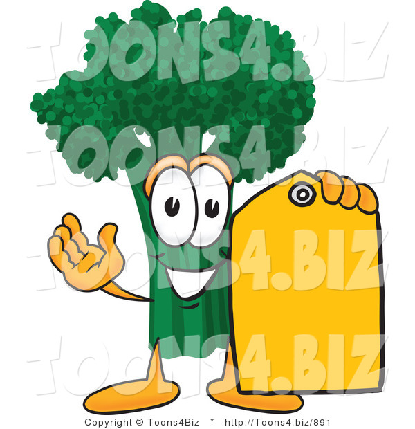 Vector Illustration of a Cartoon Broccoli Mascot Holding a Yellow Sales Price Tag